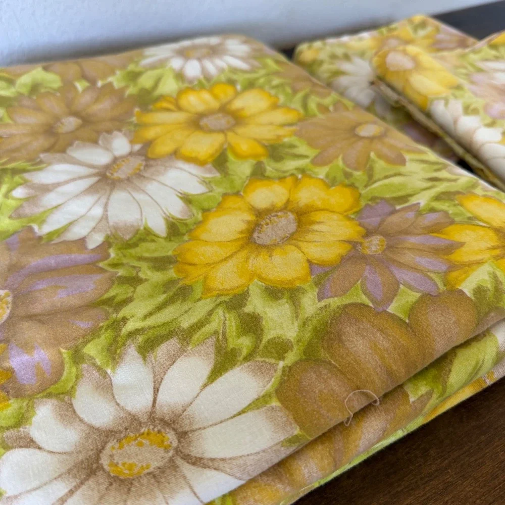 Retro 70s Cannon Monticello Muslin Queen Flat Pillowcases Sheet MOD Hippie Daisy